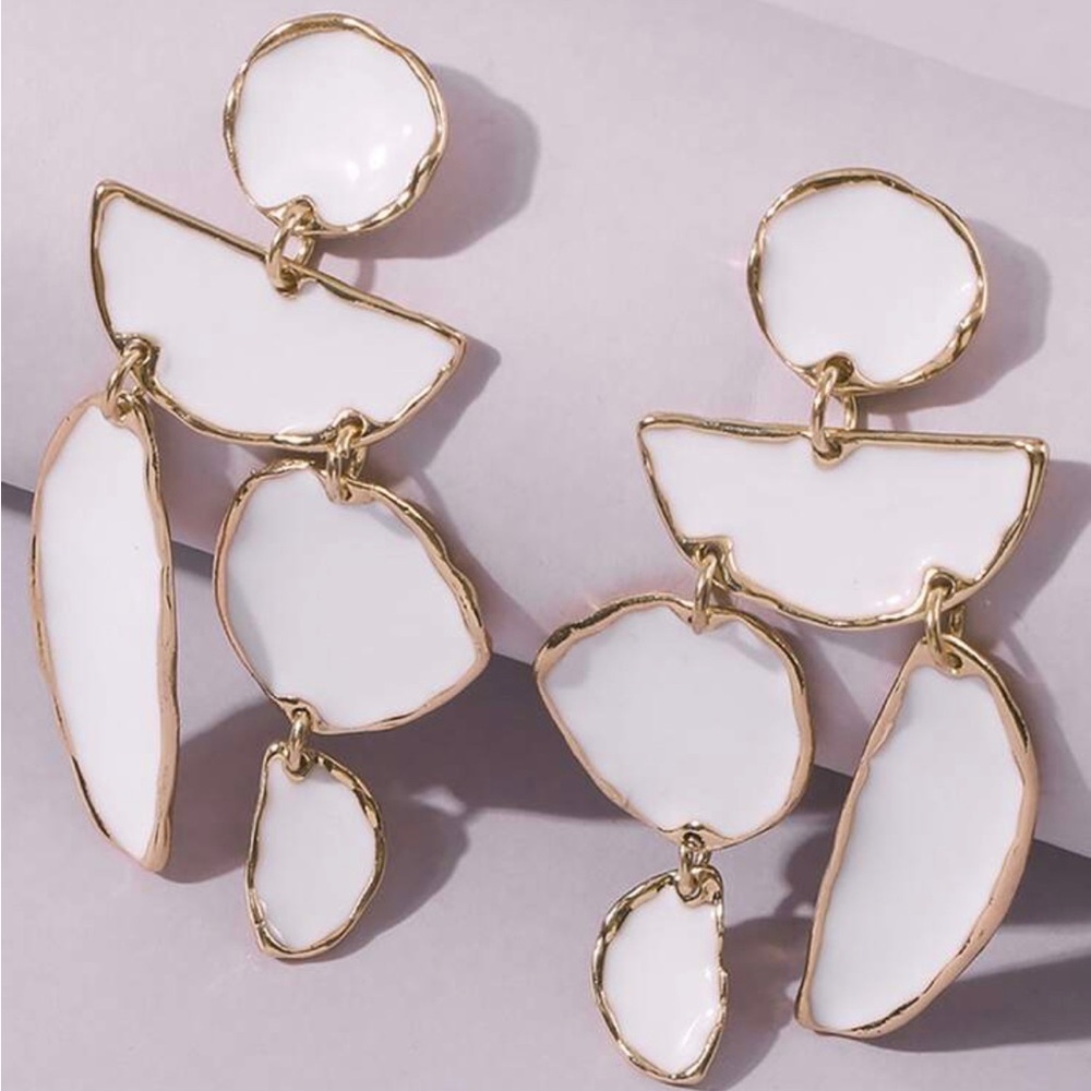 Elegant White Geo Drop Gold Earrings - Picture 9 of 17